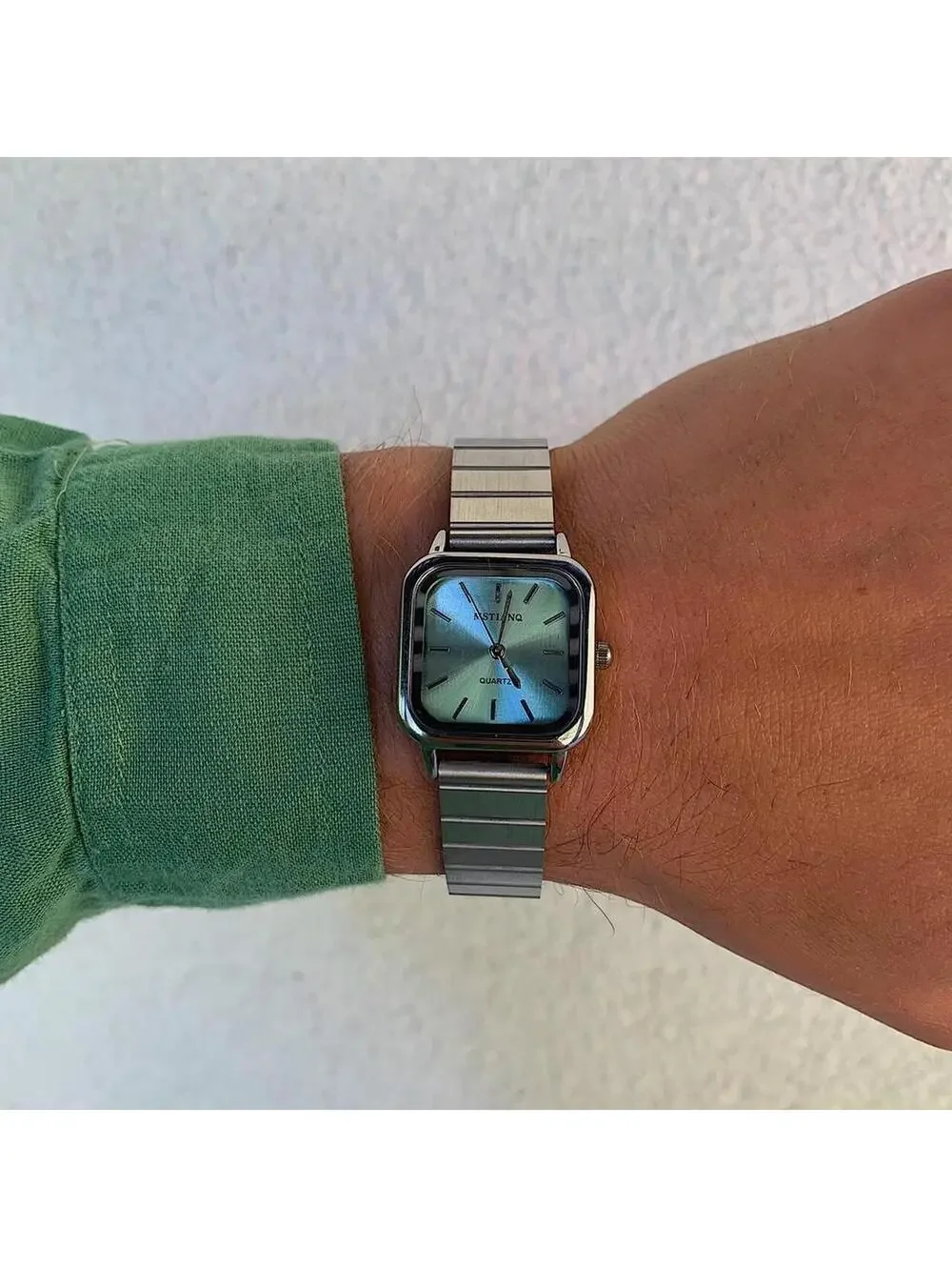 2000s Y2k style silver square blue face watch. Classy sporty style watch